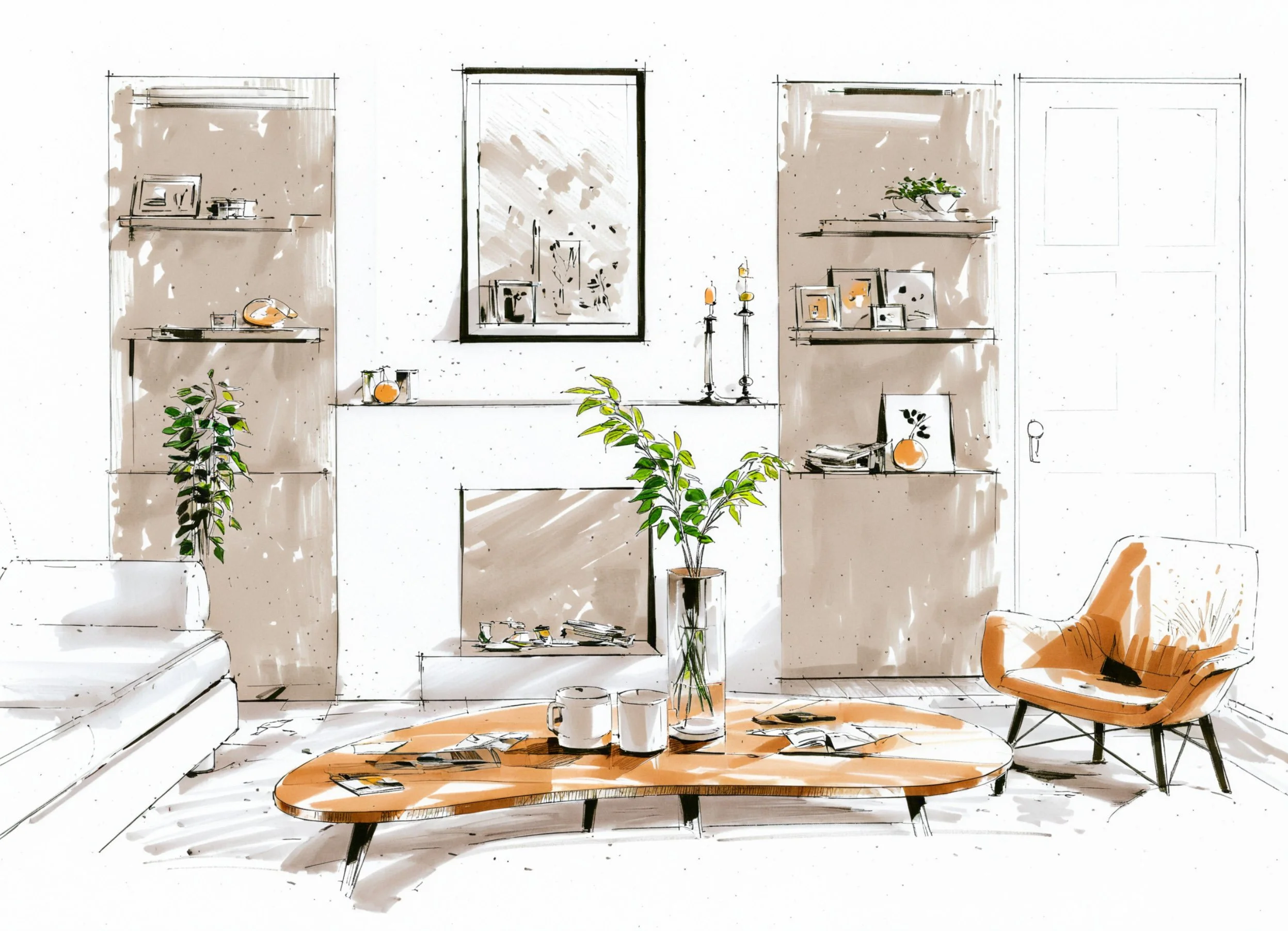 Sketch of a living room with a large window, beige and white walls, and decor including plants, framed pictures, candles, and books. There is a wooden coffee table with coffee cups and papers, an orange armchair, and built-in shelves.