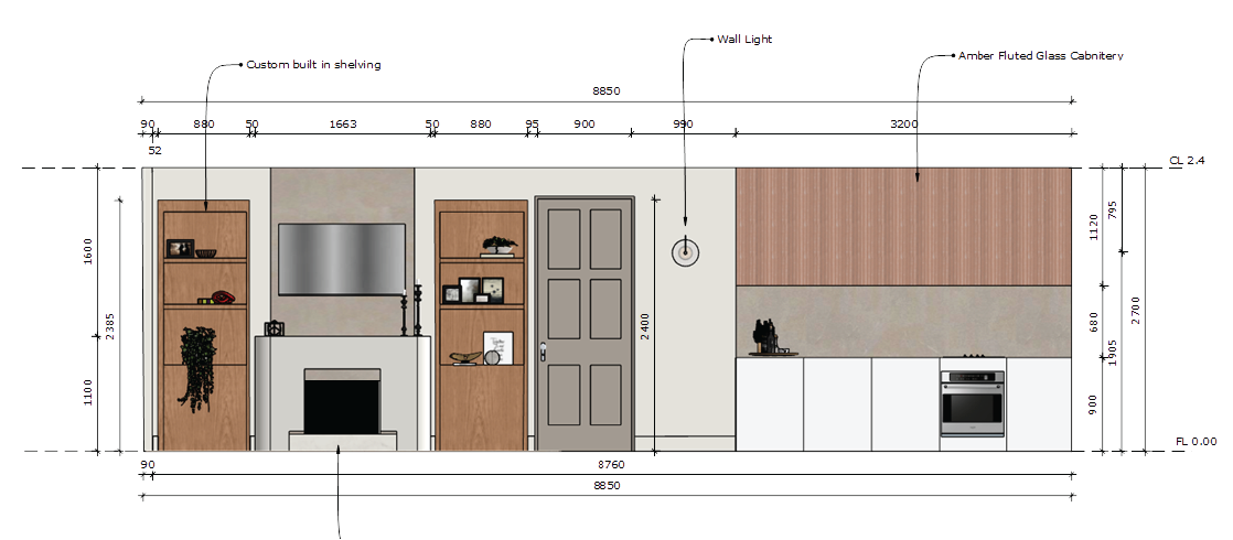 Design blueprint of a modern living room and kitchen with measurements and labeled elements.