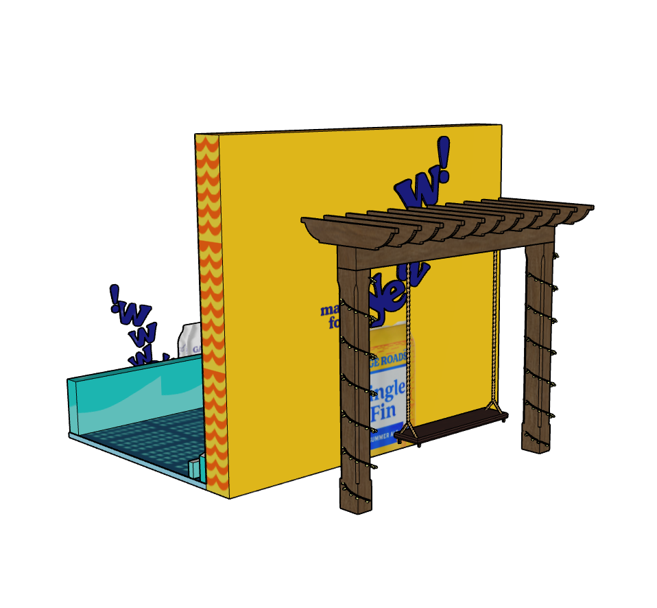 A colorful playground structure with a yellow wall and a wooden arch with a swing, surrounded by string lights, and a small pool area with a turquoise wall in the background.