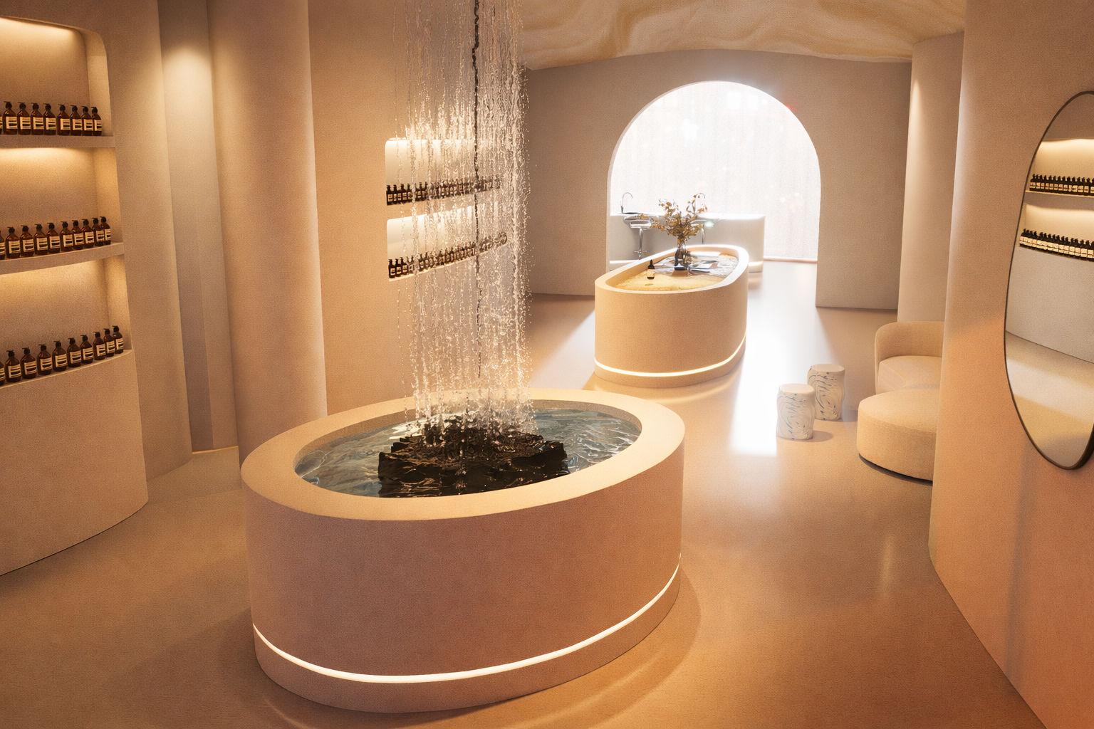 A minimalistic, modern room with a round water fountain, a small bar area with bottles, a round table with a vase, a mirror, and a cozy chair. Bright natural light streams in through a large window.