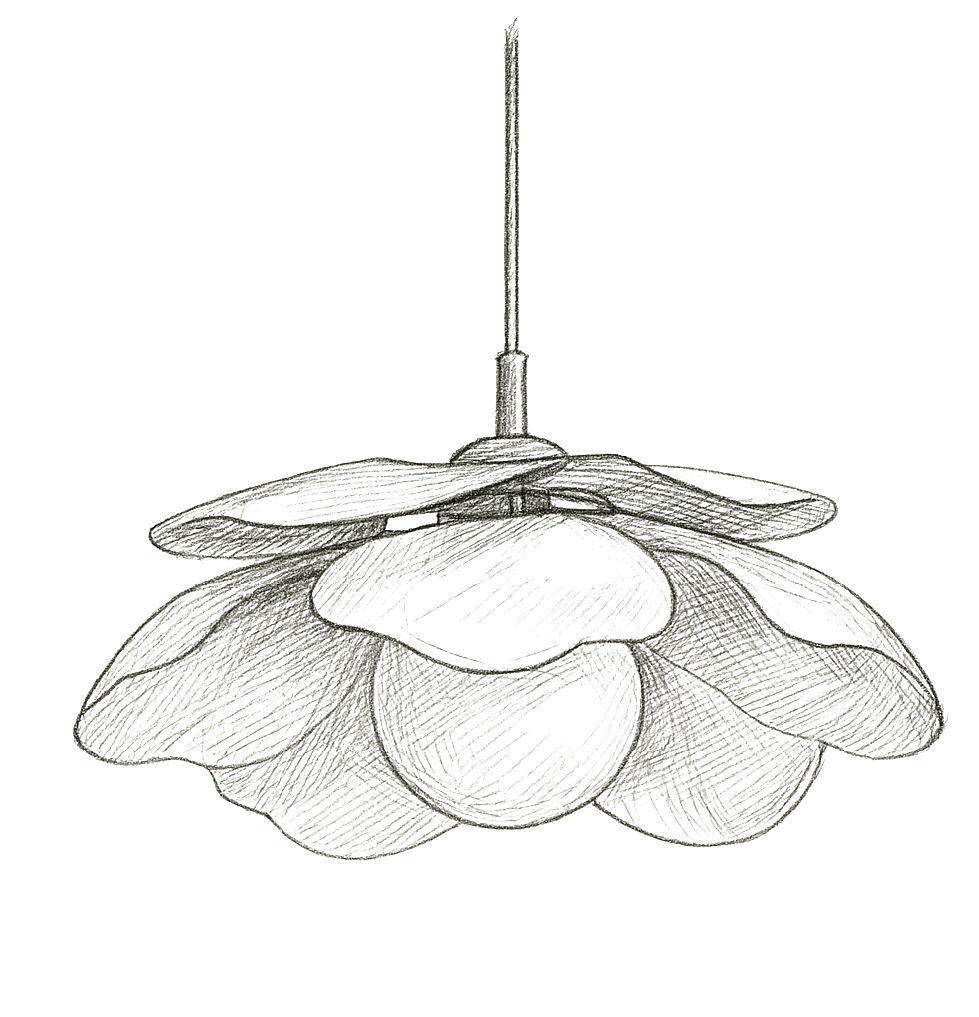A chandelier with petal-like glass pieces hanging from a central hub, suspended by a thin metal rod, against a black background.