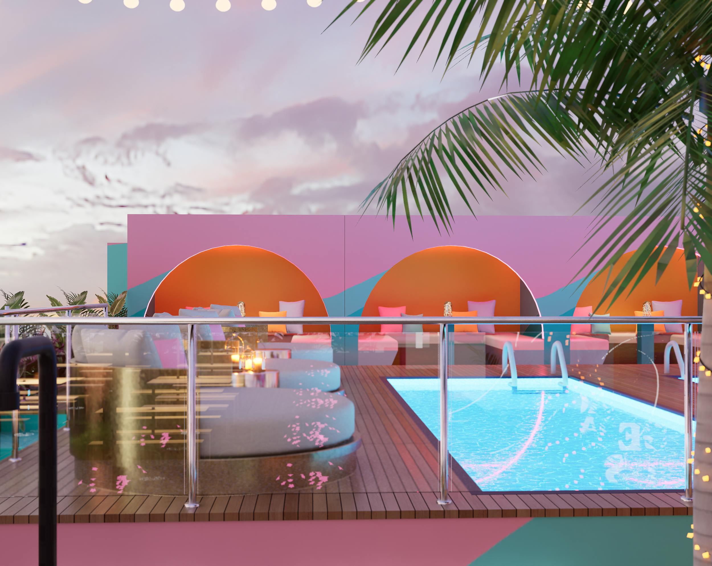 A rooftop pool area with lounge chairs and sunbeds, decorated with string lights, overlooking a colorful mural of mountain landscapes at sunset.