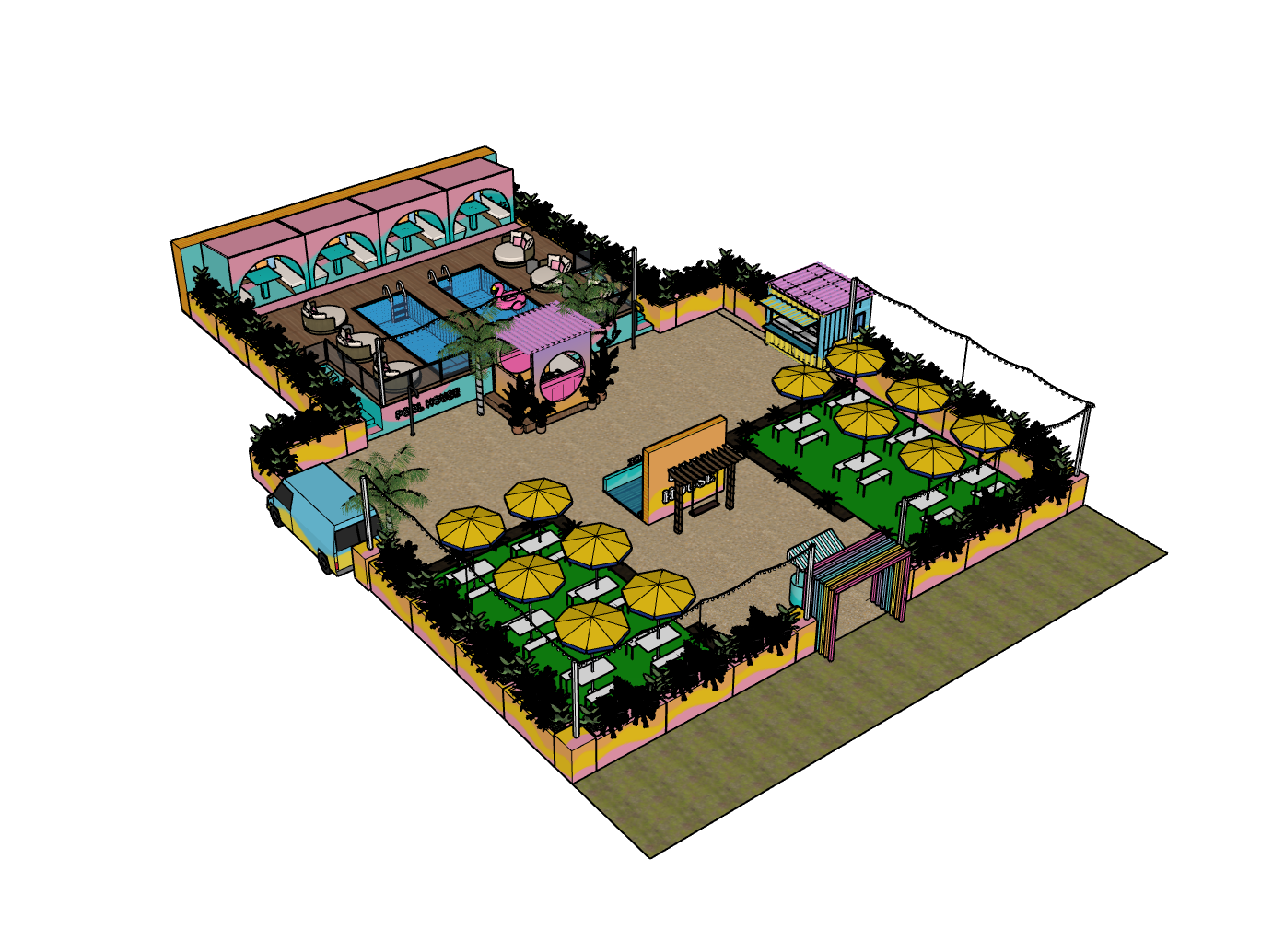 Colorful outdoor pool and lounge area with umbrellas, seating, and surrounding greenery.