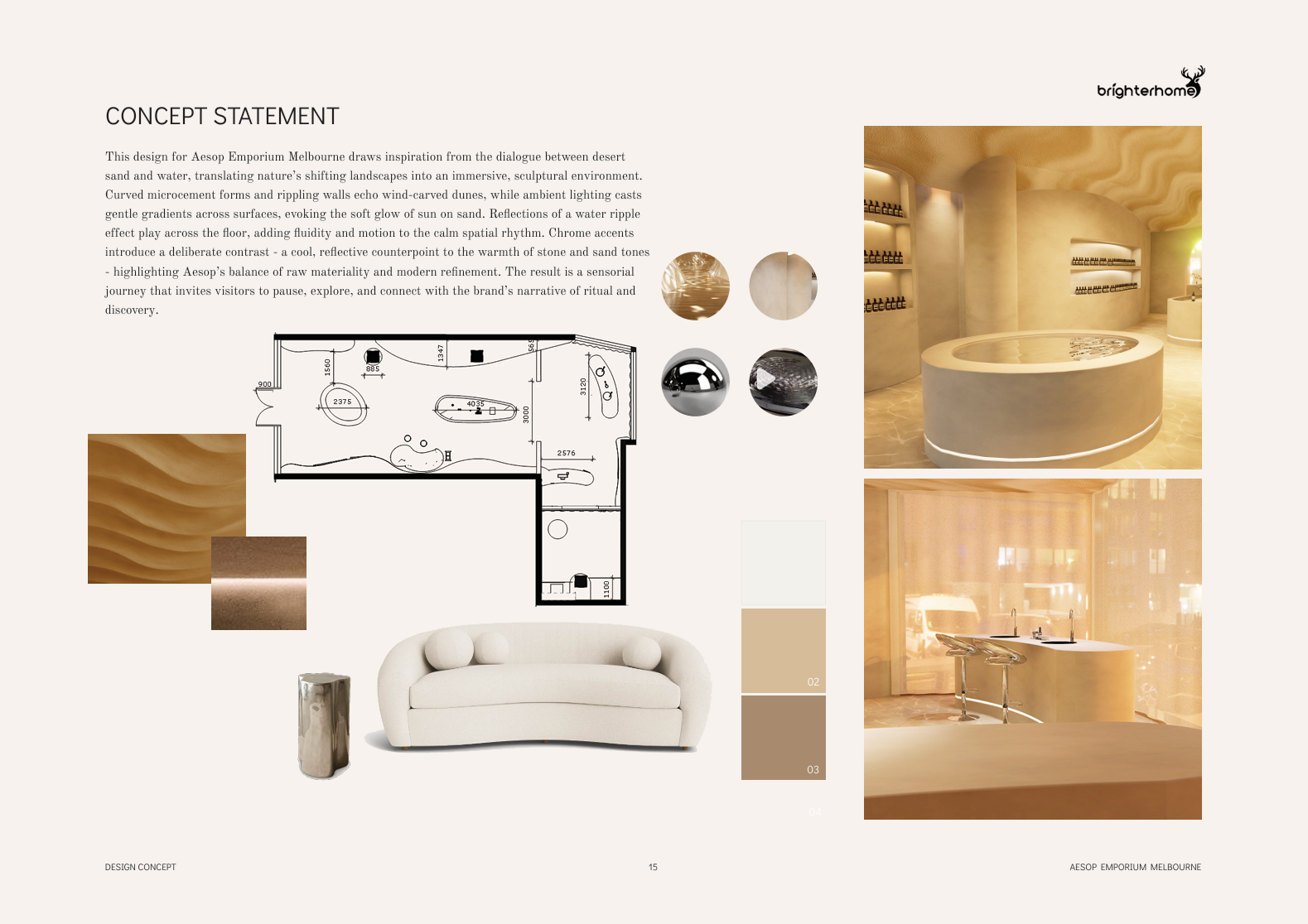 Design concept board for Aesop Emporium Melbourne featuring a floor plan, images of curved walls and textured surfaces, a white sofa, and photos of a minimalist store interior with beige tones and sleek fixtures.