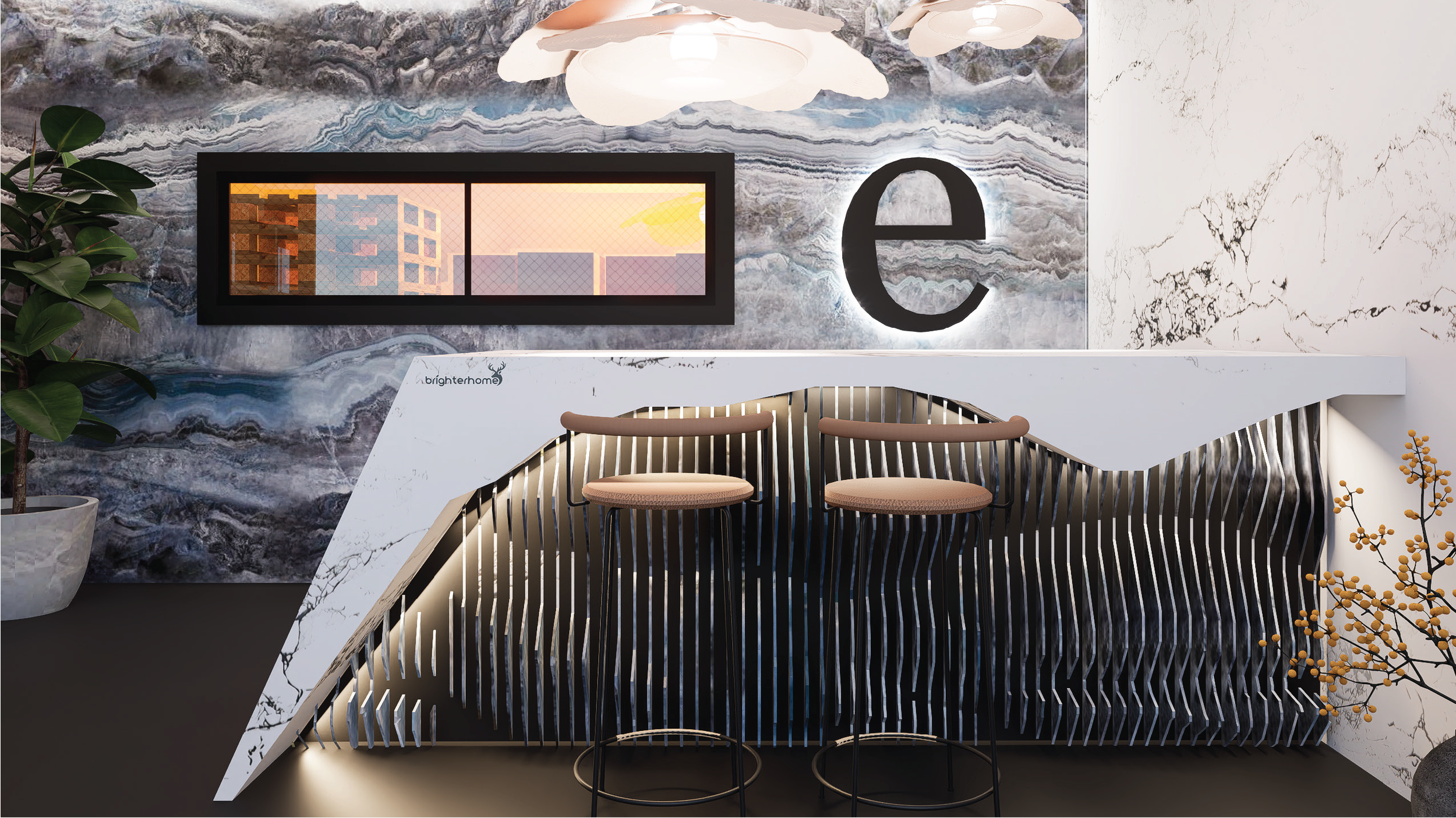 Modern interior with a marble and wave-patterned bar counter, two beige bar stools, a large letter 'e' on a textured wall, a window showing buildings and a sunset, and decorative plants.