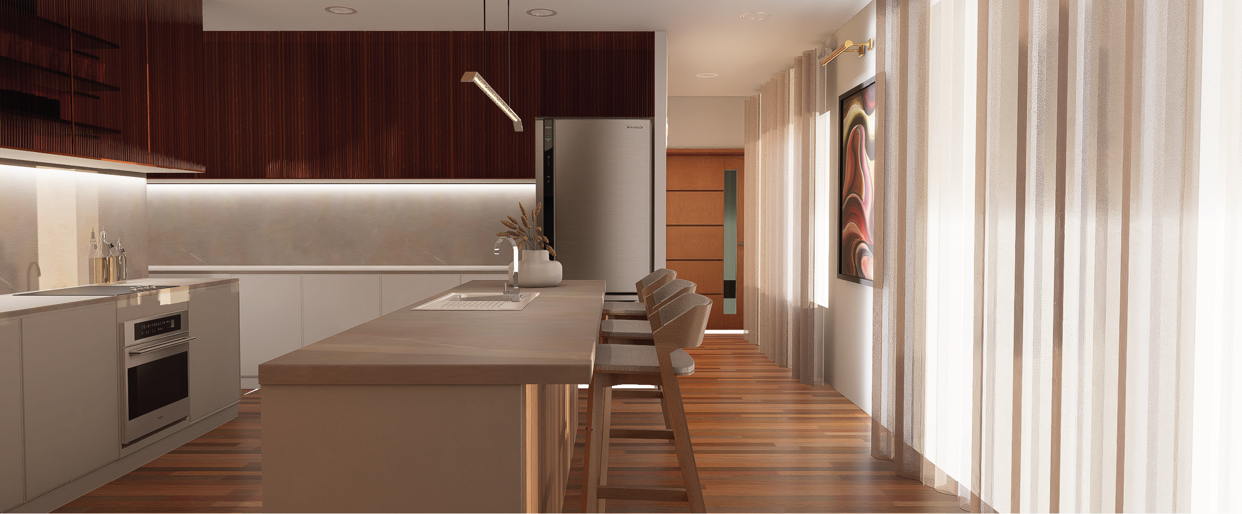 Modern kitchen with a large island, beige stools, white cabinets, a stainless steel refrigerator, and artwork on the wall with wood and beige accents.