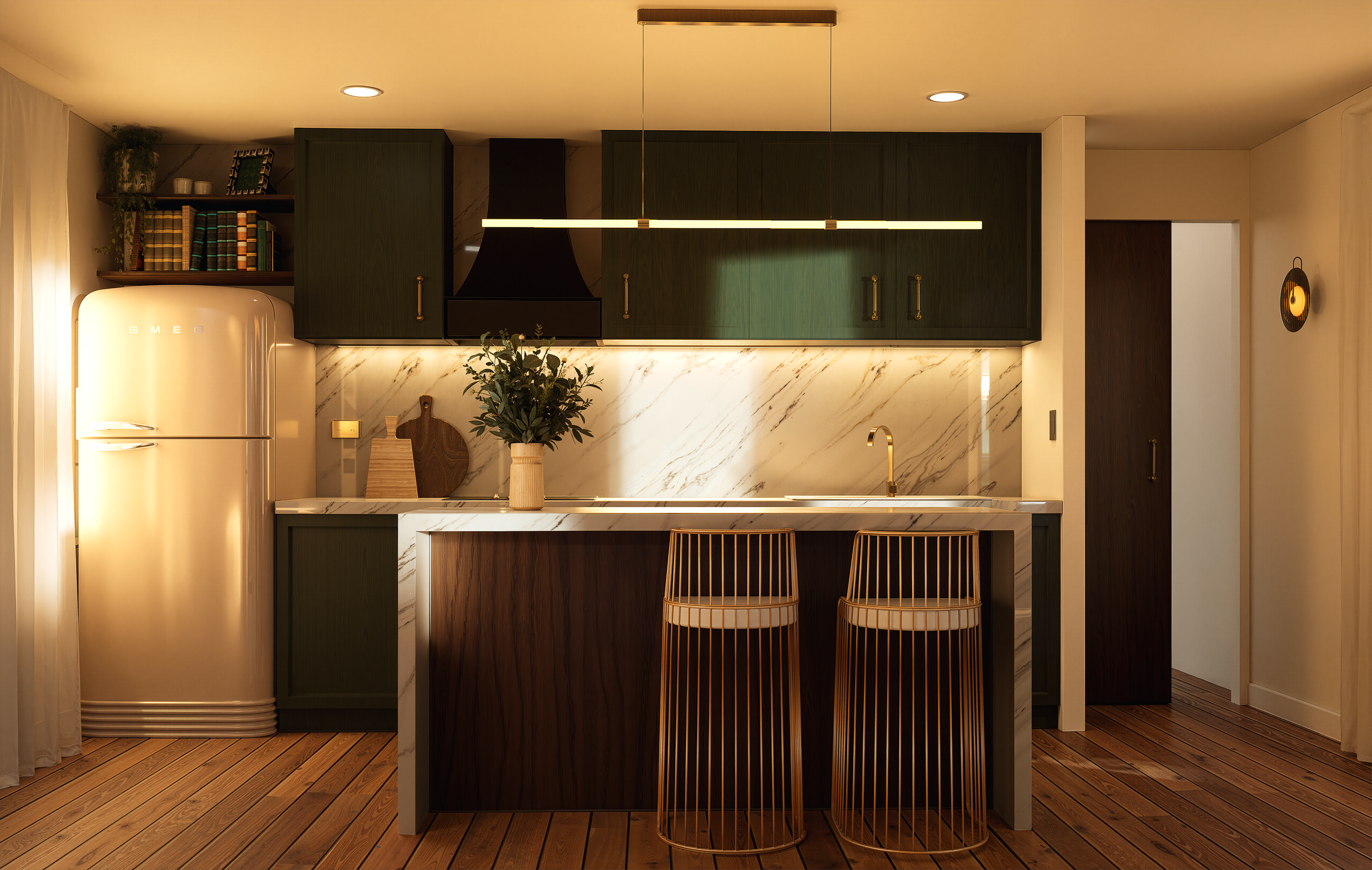 Modern kitchen with dark green cabinets, marble backsplash, wooden accents, two gold wire barstools, a white and wood refrigerator, and warm lighting.