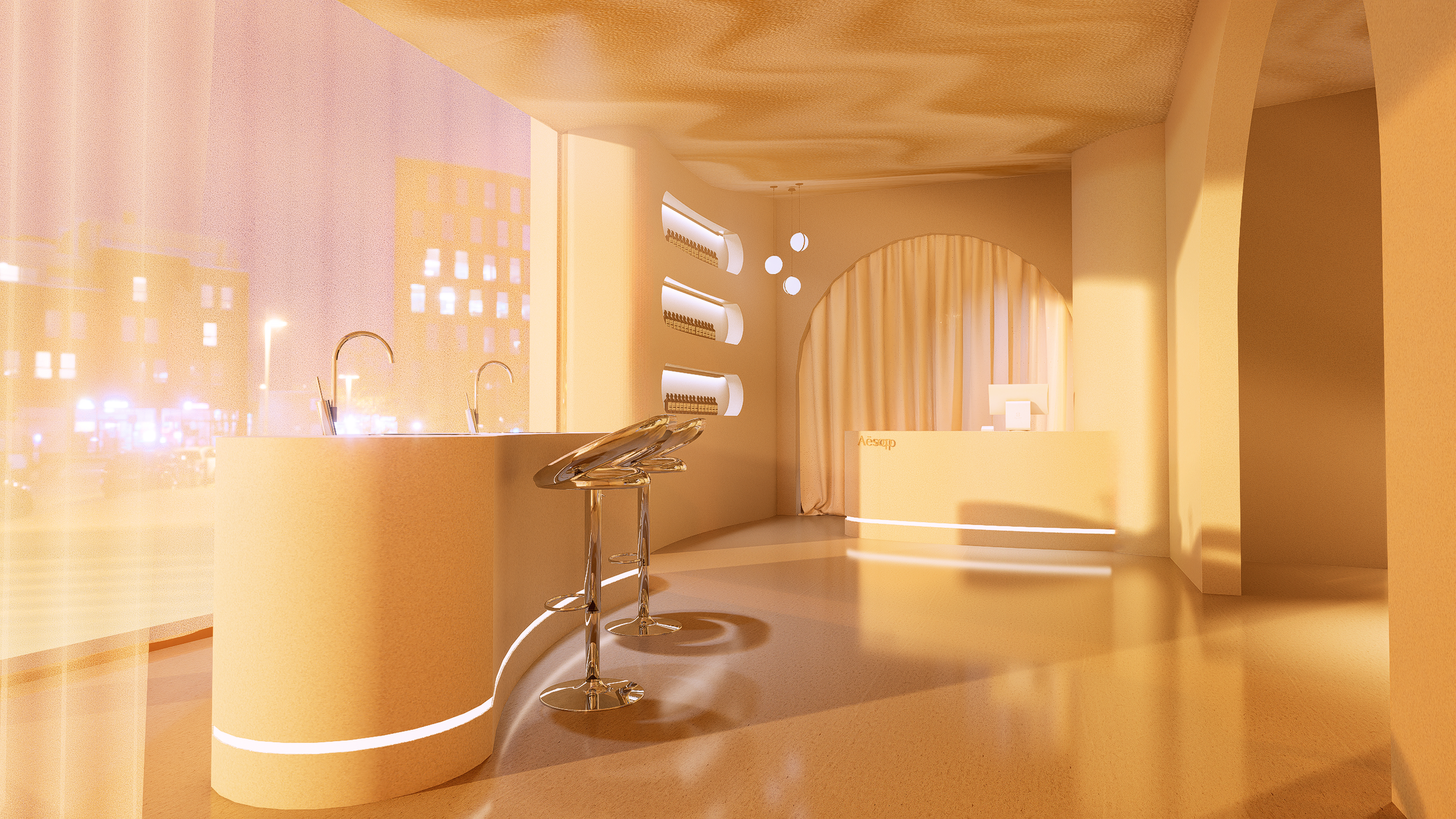 A modern, minimalist interior space with a curved reception desk, transparent bar stools, round pendant lights, built-in wall shelves, and large windows with city views, bathed in warm lighting.