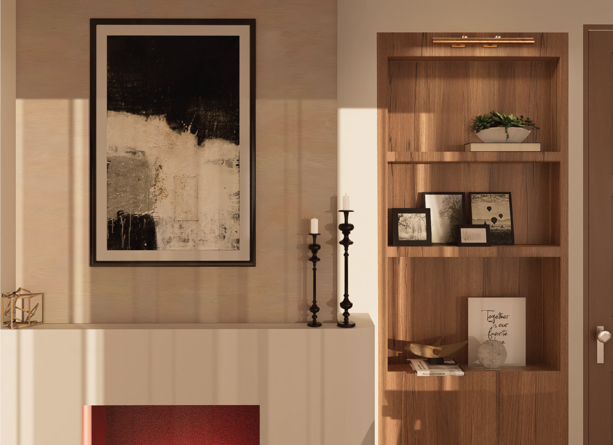 Interior living room decor with a large abstract black and white painting on the wall, black candlesticks with white candles, and a wooden bookshelf with framed photos, a white vase, and decorative items.