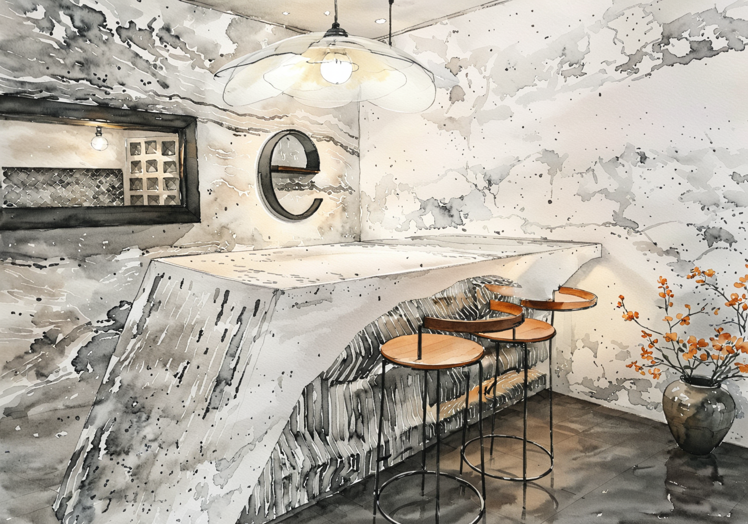 Watercolor-style illustration of a modern interior space featuring a white marble bar counter, bar stools with wooden seats and black metal legs, a wall-mounted mirror, a large letter "E" decoration, and a potted plant with orange berries.