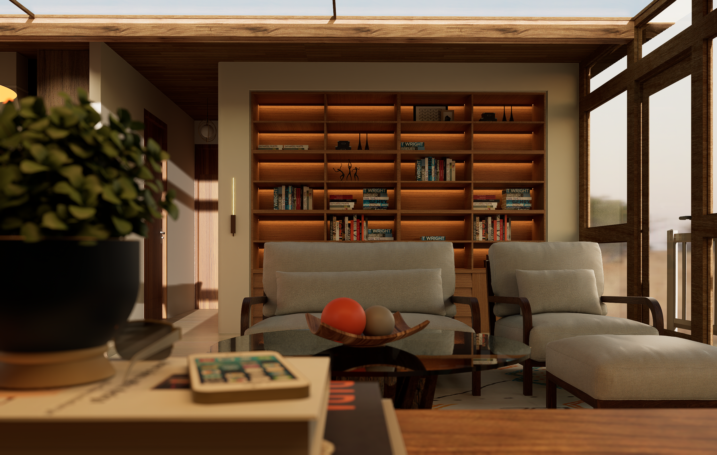 Sunlit living room with a beige couch and armchair, wooden bookshelf with backlit shelves filled with books, and large glass windows with wooden frames offering a view outside.