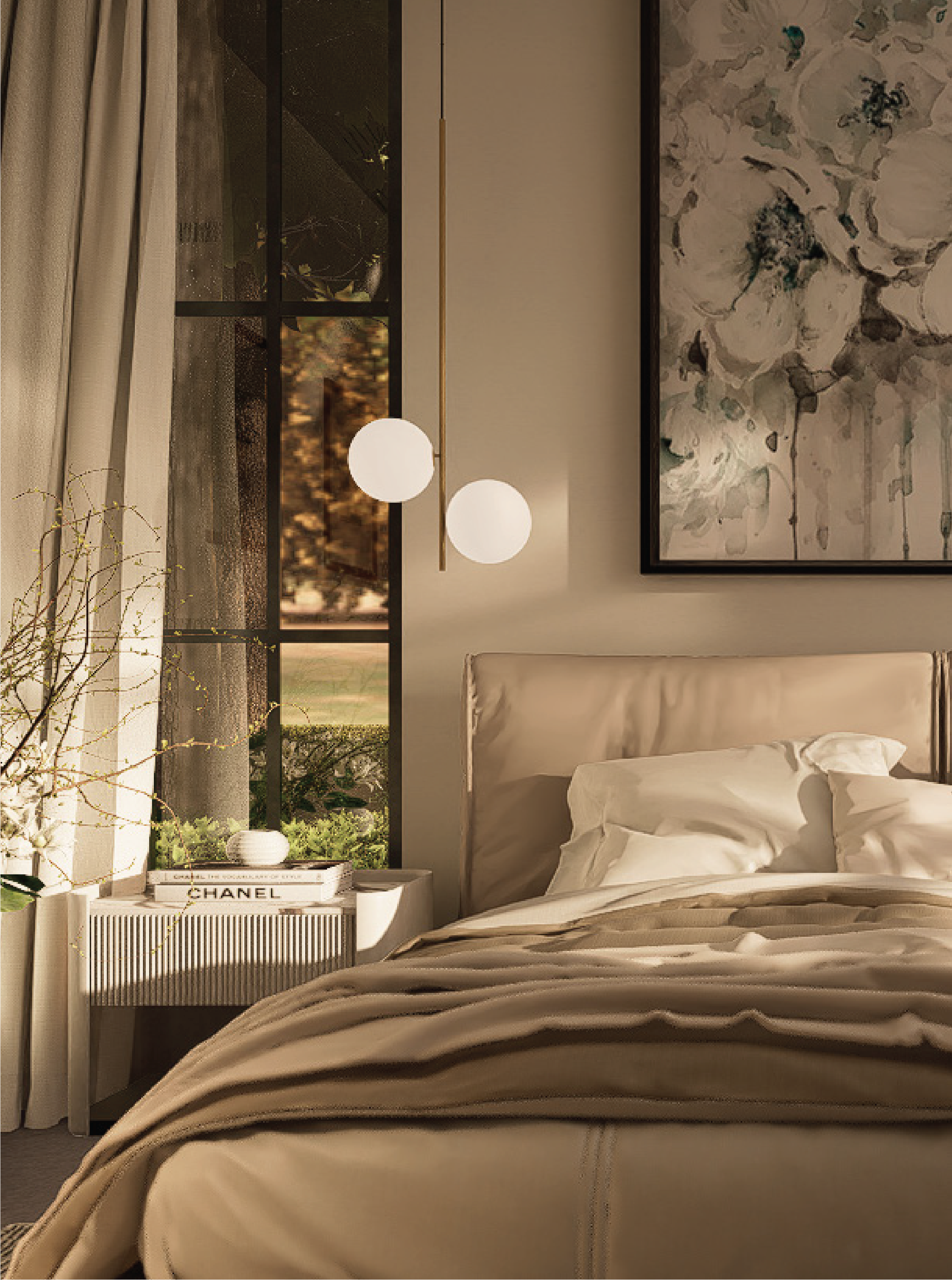 A cozy bedroom with a bed, white bedding, and a leather headboard, next to a window with curtains and a black frame, featuring a modern hanging light fixture, a side table with a white vase and a book titled 'CHANEL', and abstract artwork on the wall.