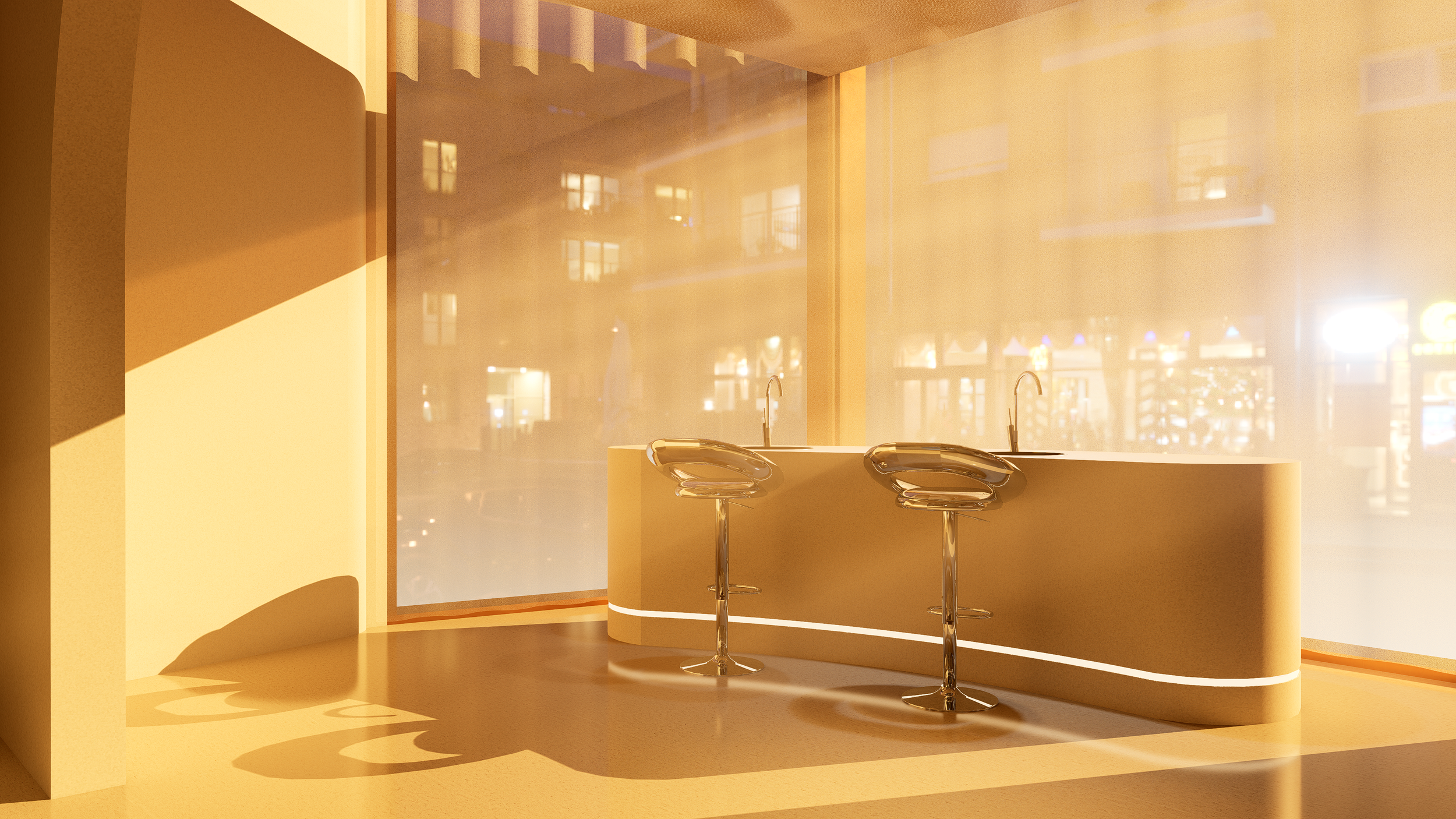 Modern interior space with a curved bar counter, two transparent bar stools, and large windows showing city buildings at dusk, illuminated by warm sunlight.