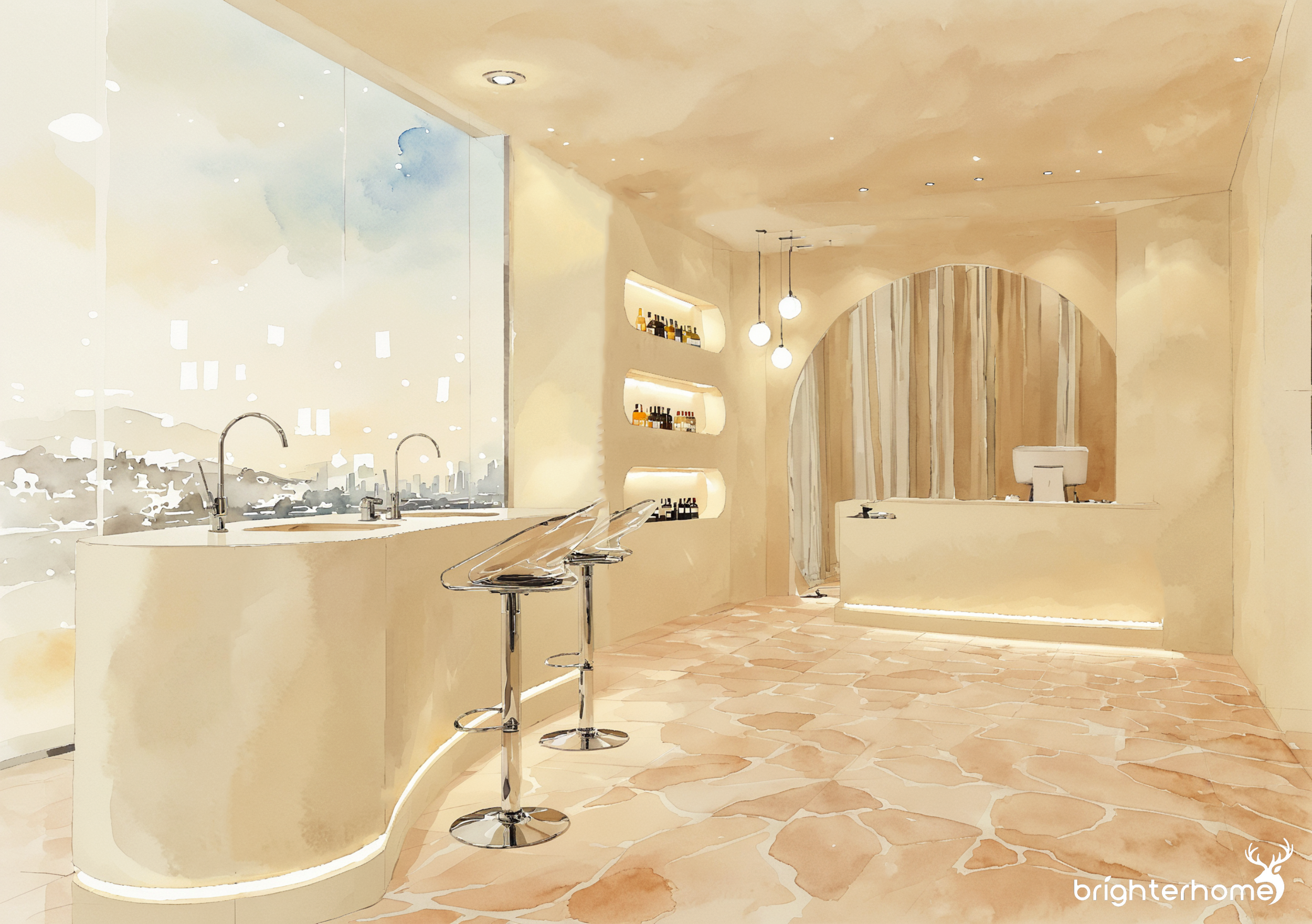 Modern, minimalist interior of a building with a reception desk, bar stools, illuminated shelves with bottles, and a decorative archway. The room features cream-colored walls, a large window with a city view, and a peach-toned tiled floor.