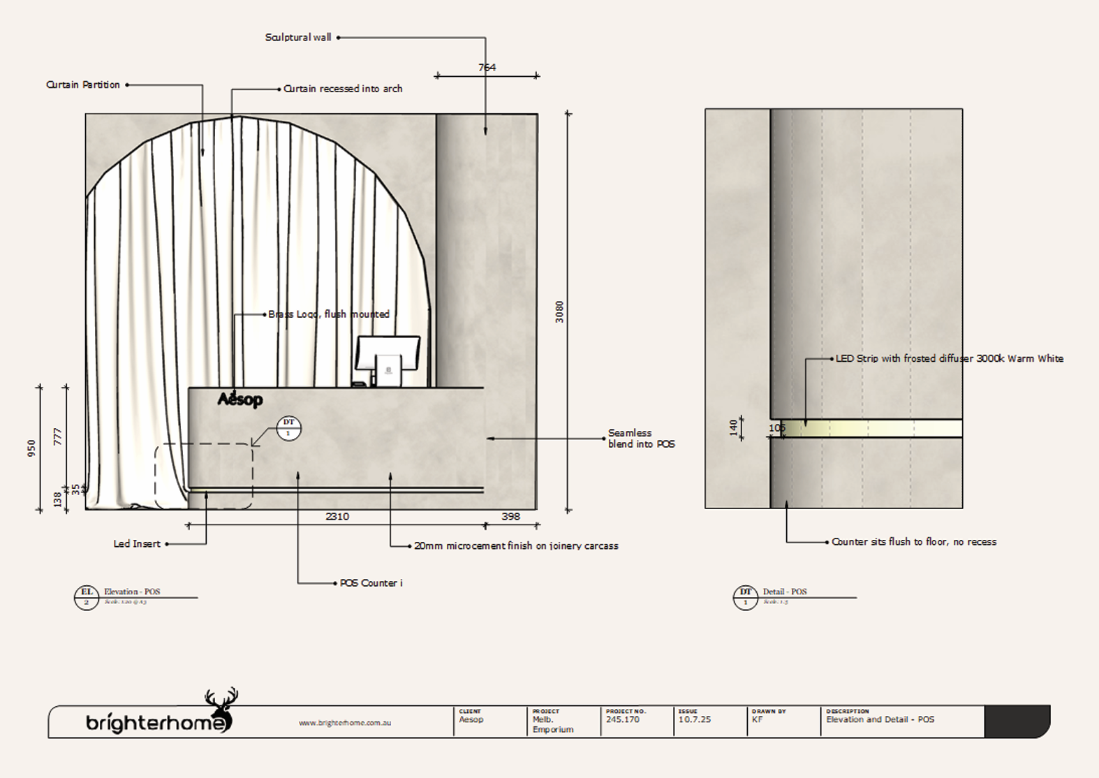Architectural drawing of a reception desk with detailed dimensions, a curtain partition with a recessed arch, an LED strip with frosted diffuser, and seamless blend into a POS counter, labeled with measurements and design notes.