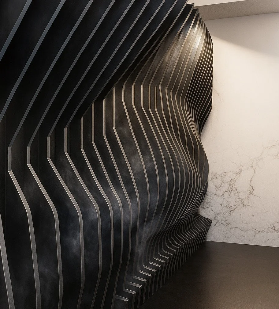 Modern interior wall with black, curved, layered design and a white marble wall in the background.