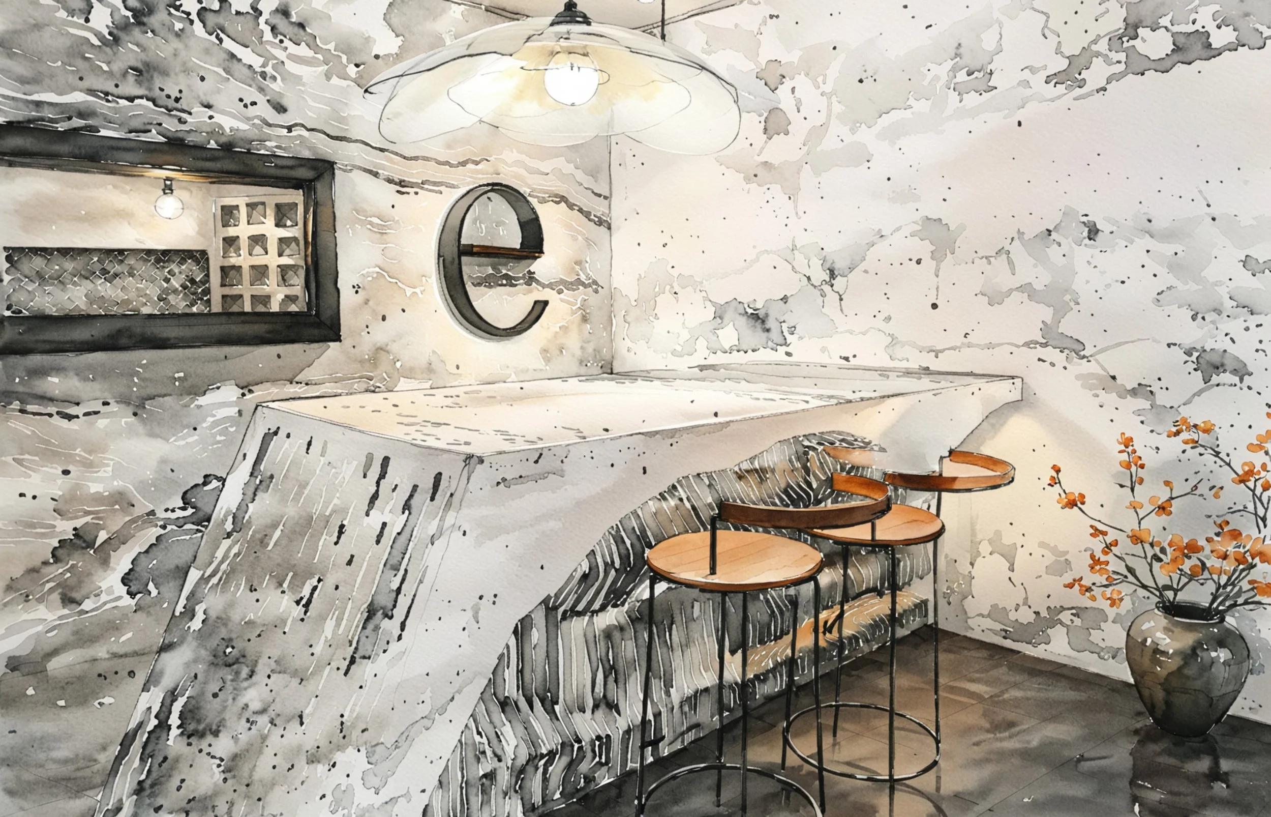 A watercolor-style image of a modern interior space with a marble-like countertop, three bar stools, a large wall mirror, a circular wall decor piece, a window, and a potted plant with orange flowers.