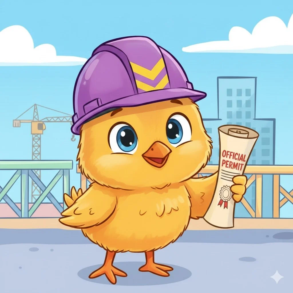A cute cartoon chick wearing a purple construction helmet, holding an official permit, standing on a building site with cranes and buildings in the background.