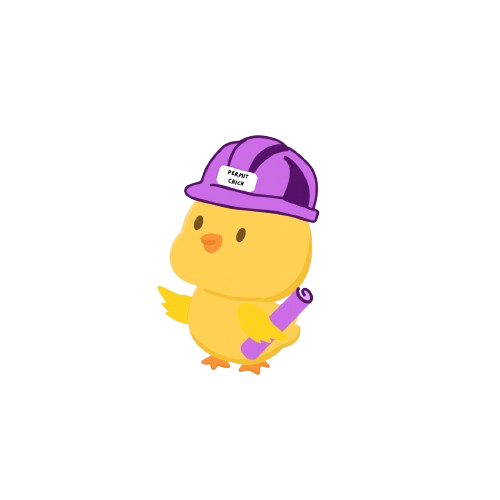 Cartoon chick wearing a purple construction helmet labeled 'Permit Check,' holding a purple rolled-up blueprint.