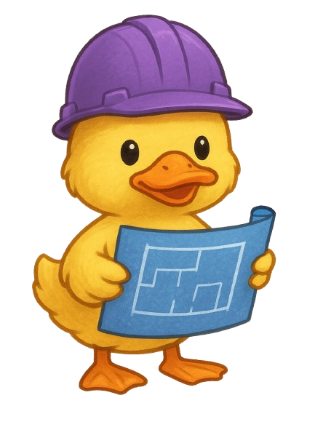A cartoon duck wearing a purple construction helmet and holding a blueprint.