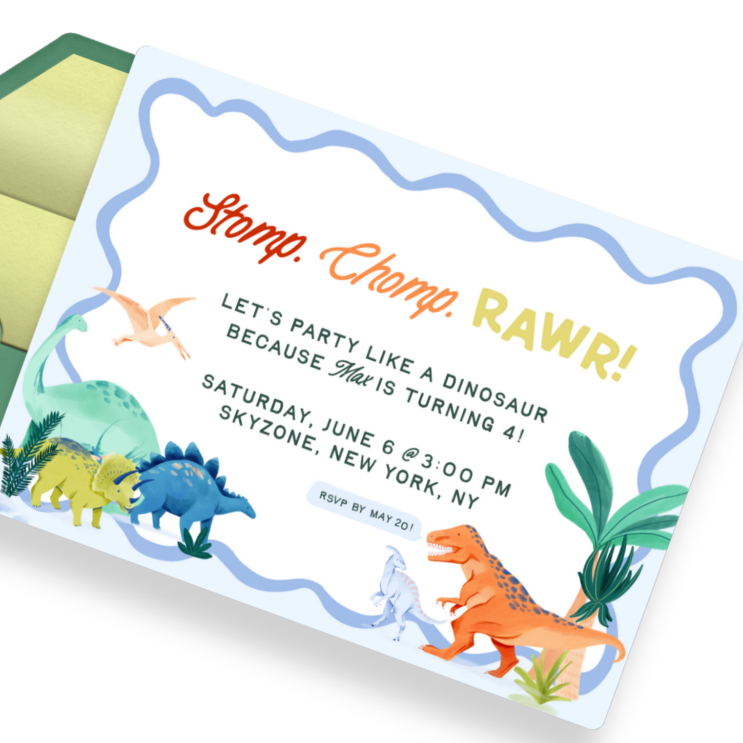Dinosaur-themed birthday party invitation featuring cartoon dinosaurs and tropical plants, with event details for June 6 at Skyzone, New York.