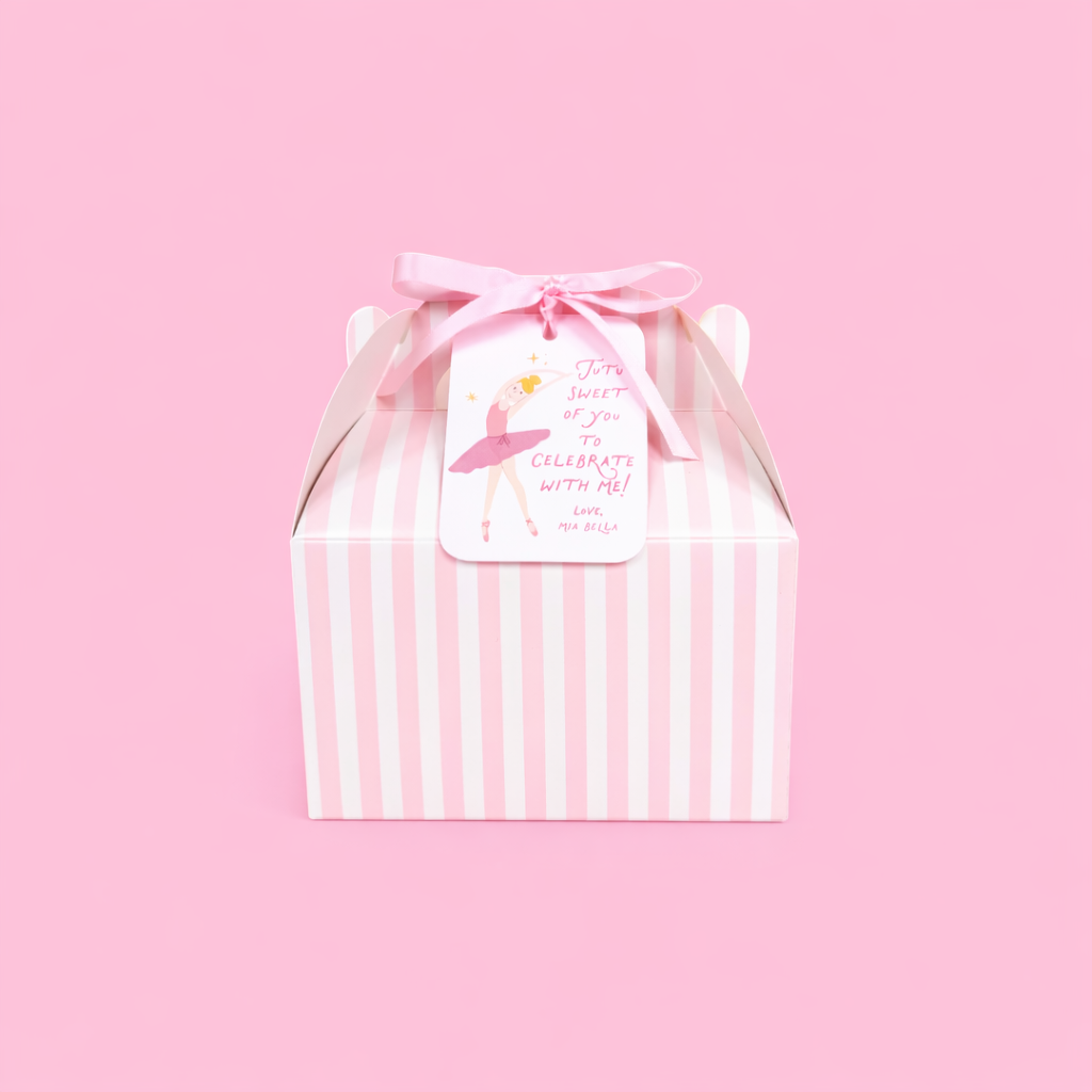 Pink striped gift box with a pink ribbon and a tag featuring a ballet dancer, set on a pink background.