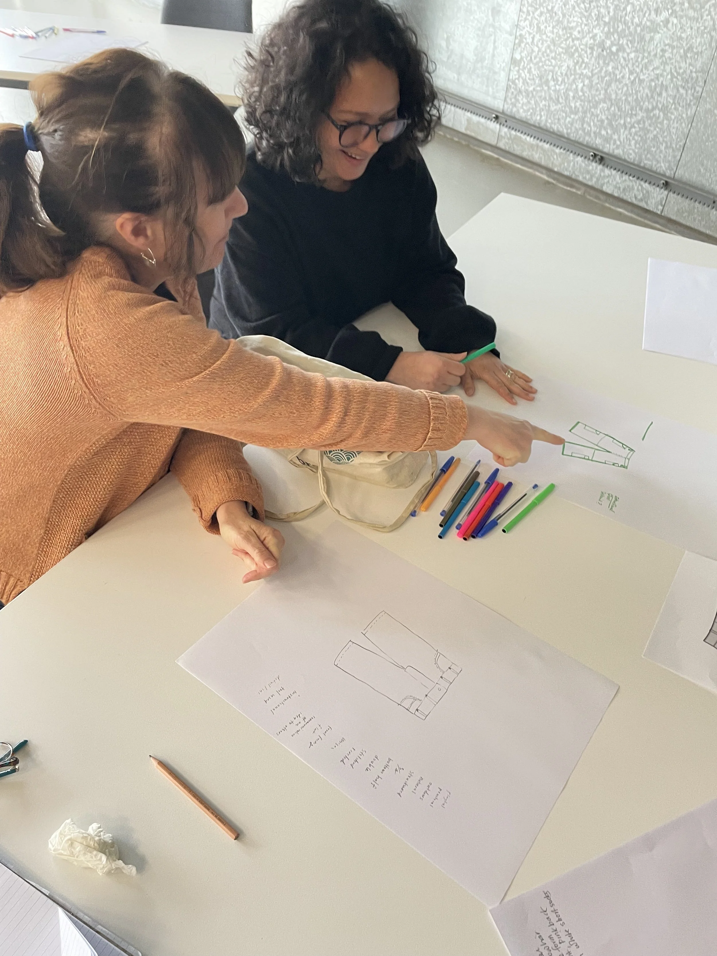 Two women sitting at a table discussing a drawing of a fabric or clothing pattern. One woman is pointing at the drawing while the other observes. There are colored pens and sketches on the table.