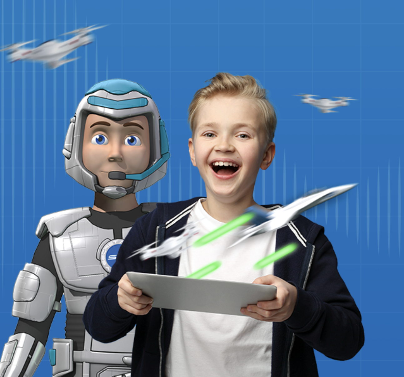 Secret Agent Society boy holding tablet with a digital robot behind him on a blue background
