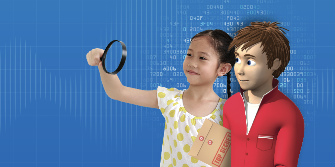 Secret Agent Society girl holding magnifying glass with a digital boy next to her on a blue background