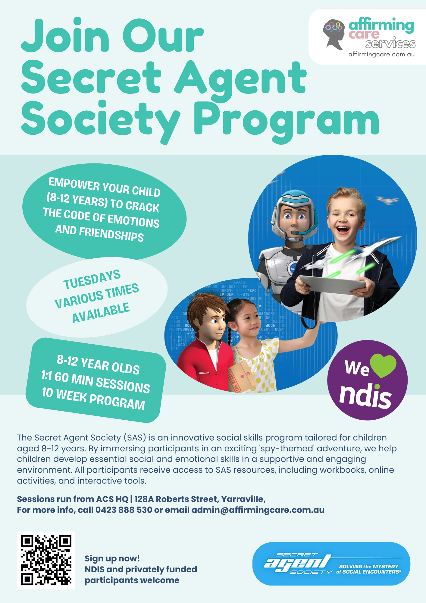Flyer for Affirming Care Services’ Secret Agent Society program in Yarraville, Victoria, a 10-week social and emotional skills group for autistic & ADHD children aged 8 to 12.