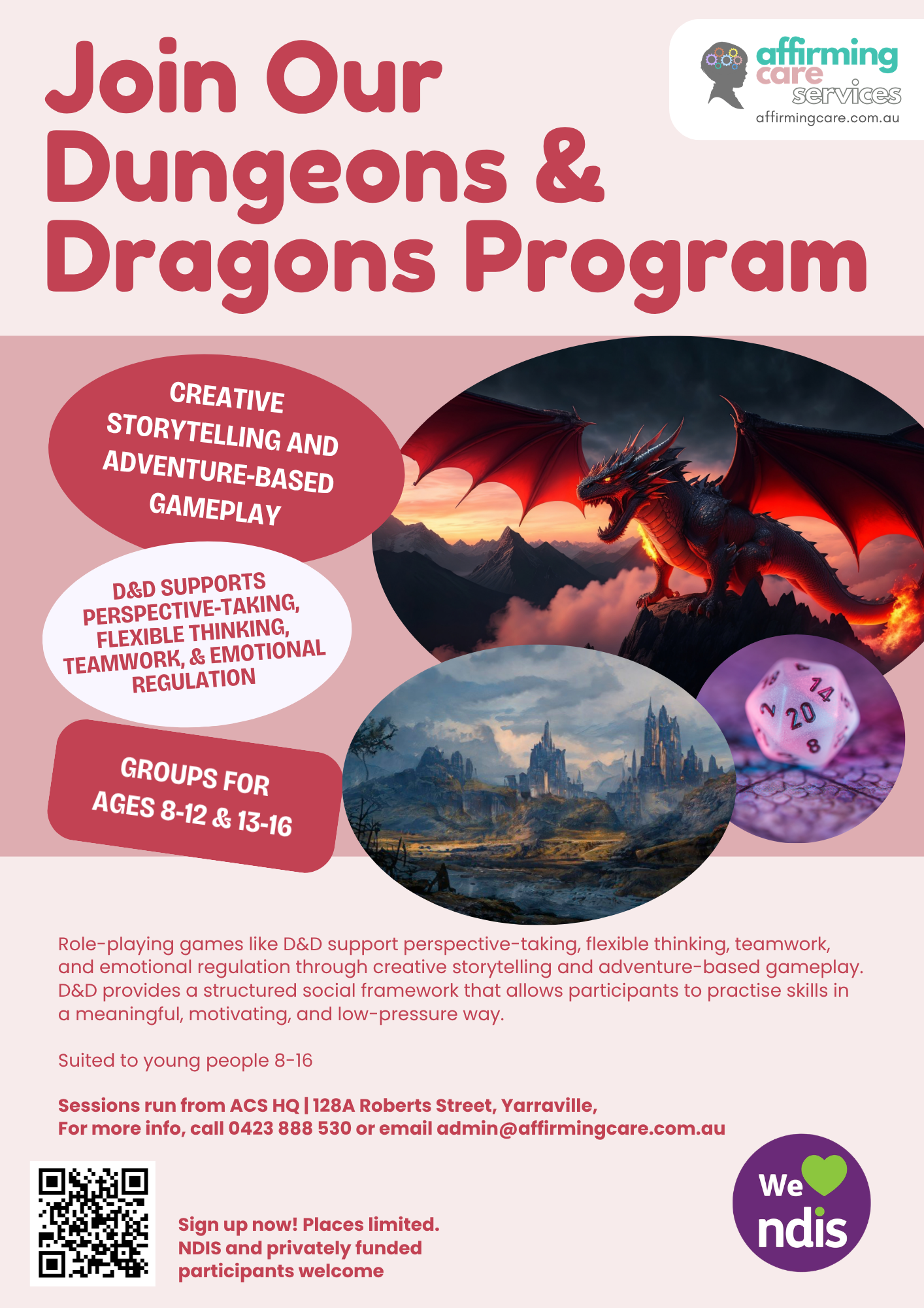 Flyer for Affirming Care Services’ Dungeons and Dragons program in Yarraville, Victoria, an adventure-based social and emotional learning group for neurodivergent young people aged 8 to 16.