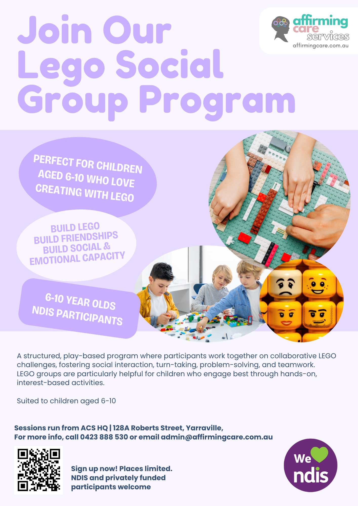 Flyer for Affirming Care Services’ LEGO Social Group program in Yarraville, Victoria, a structured play-based group for autistic & ADHD children aged 6 to 10.