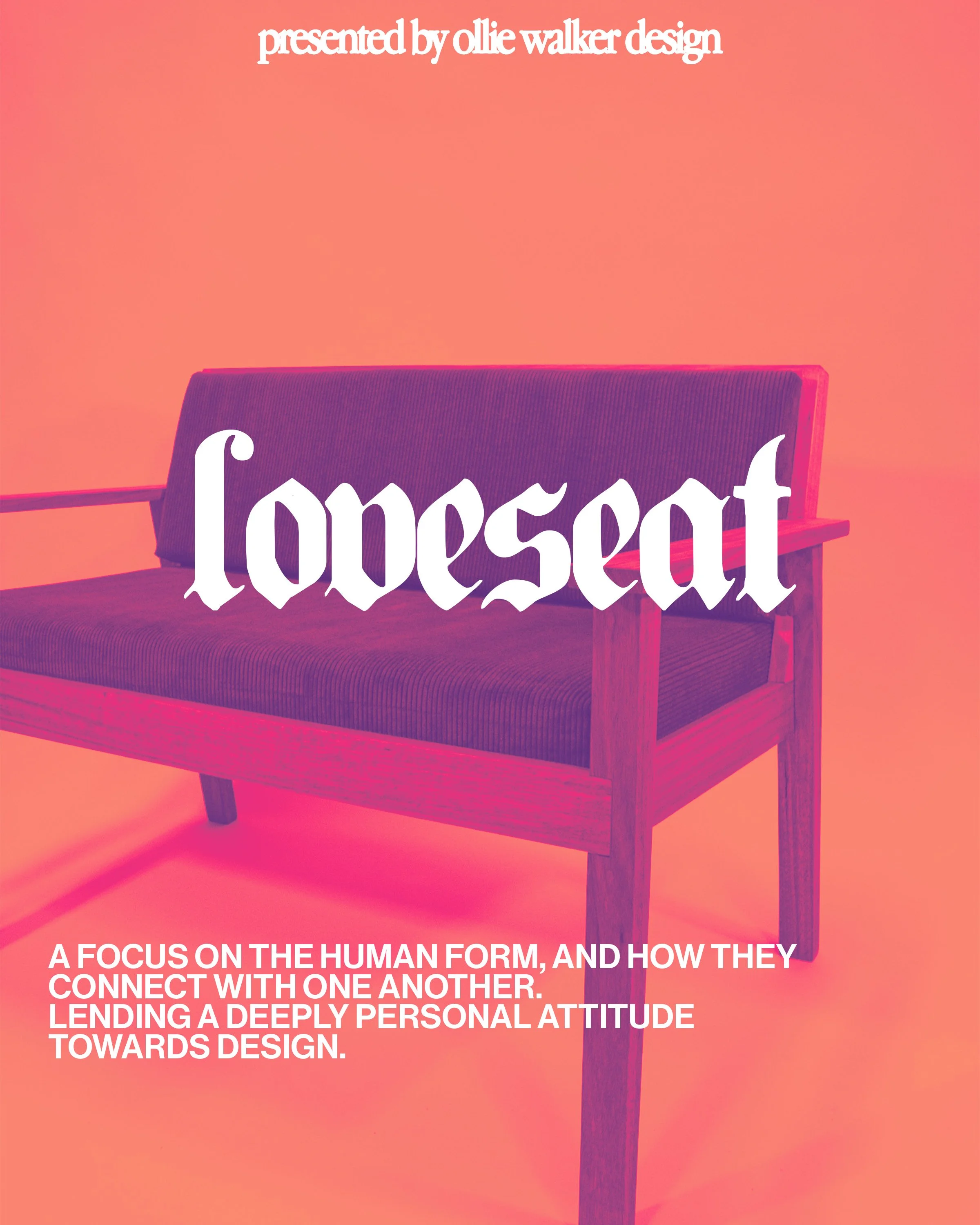 The image shows a pink background. Below is a partial view of a wooden bench with a dark fabric cushion, and overlaid on the bench is large white text that says. At the bottom, there is a paragraph in white text that discusses a focus on the human form and connection, emphasing a deeply personal attitude towards design.