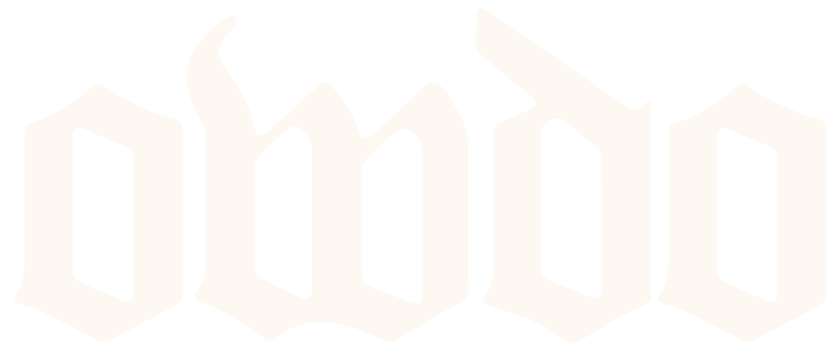 The word 'OWDO' written in a stylized, gothic, white font on a black background.