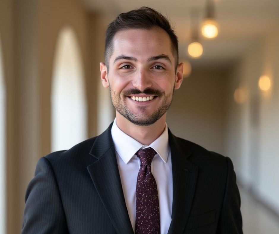 A man in a dark suit smiling in a well-lit indoor setting with blurred round lights in the background.