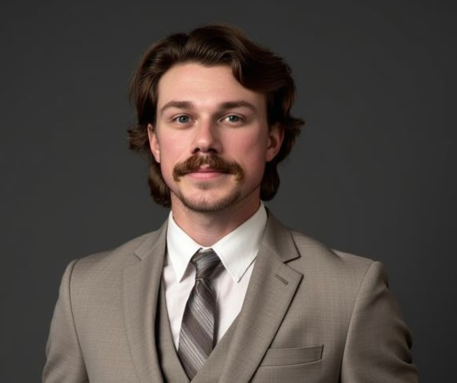 Professional man in a beige suit and tie, with medium-length wavy brown hair and a mustache, posing against a dark gray background.