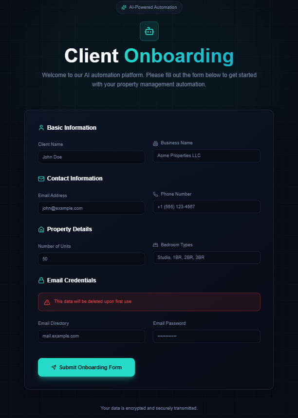 A digital onboarding form titled "Client Onboarding" on a dark grid background, with sections for basic information, contact information, property details, and email credentials, featuring fields for name, business, email, phone, property units, bedr