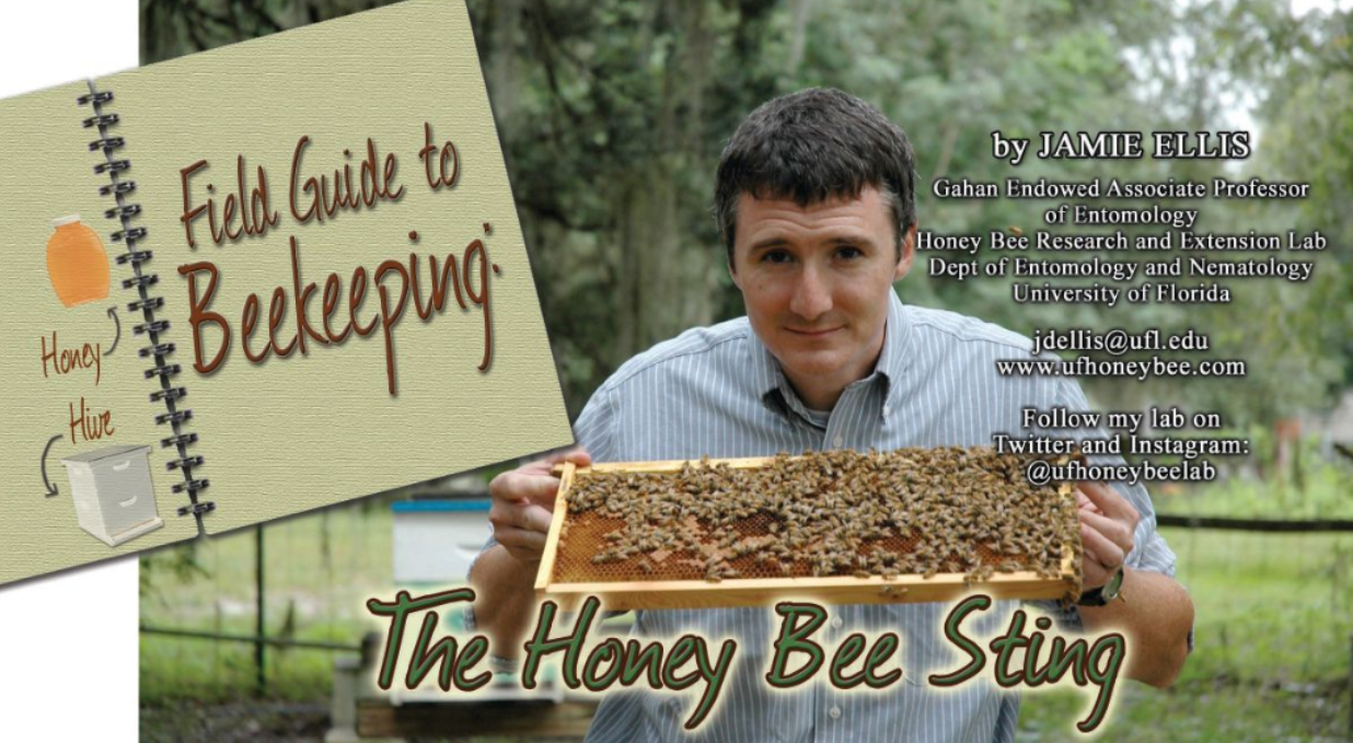 A man holding a honeycomb frame with bees on it outdoors in a natural setting. Overlaid text includes a notebook graphic with 'Field Guide to Beekeeping', a photo of the man, and details about his credentials and social media.