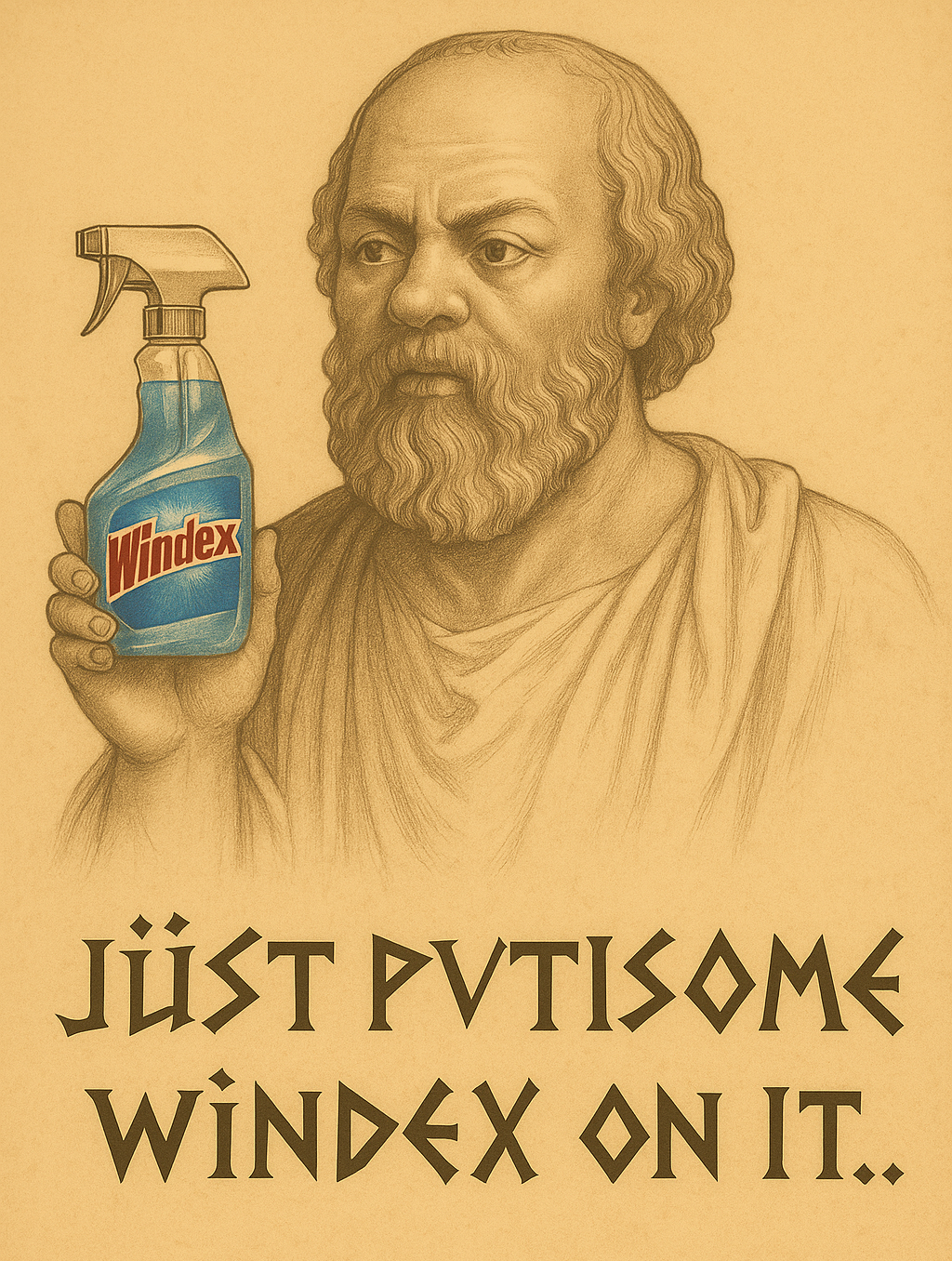 A drawing of a bearded man in ancient robes holding a spray bottle labeled Windex. The man resembles a traditional depiction of Jesus Christ, and the text below reads, "Just purify some Windex on it."