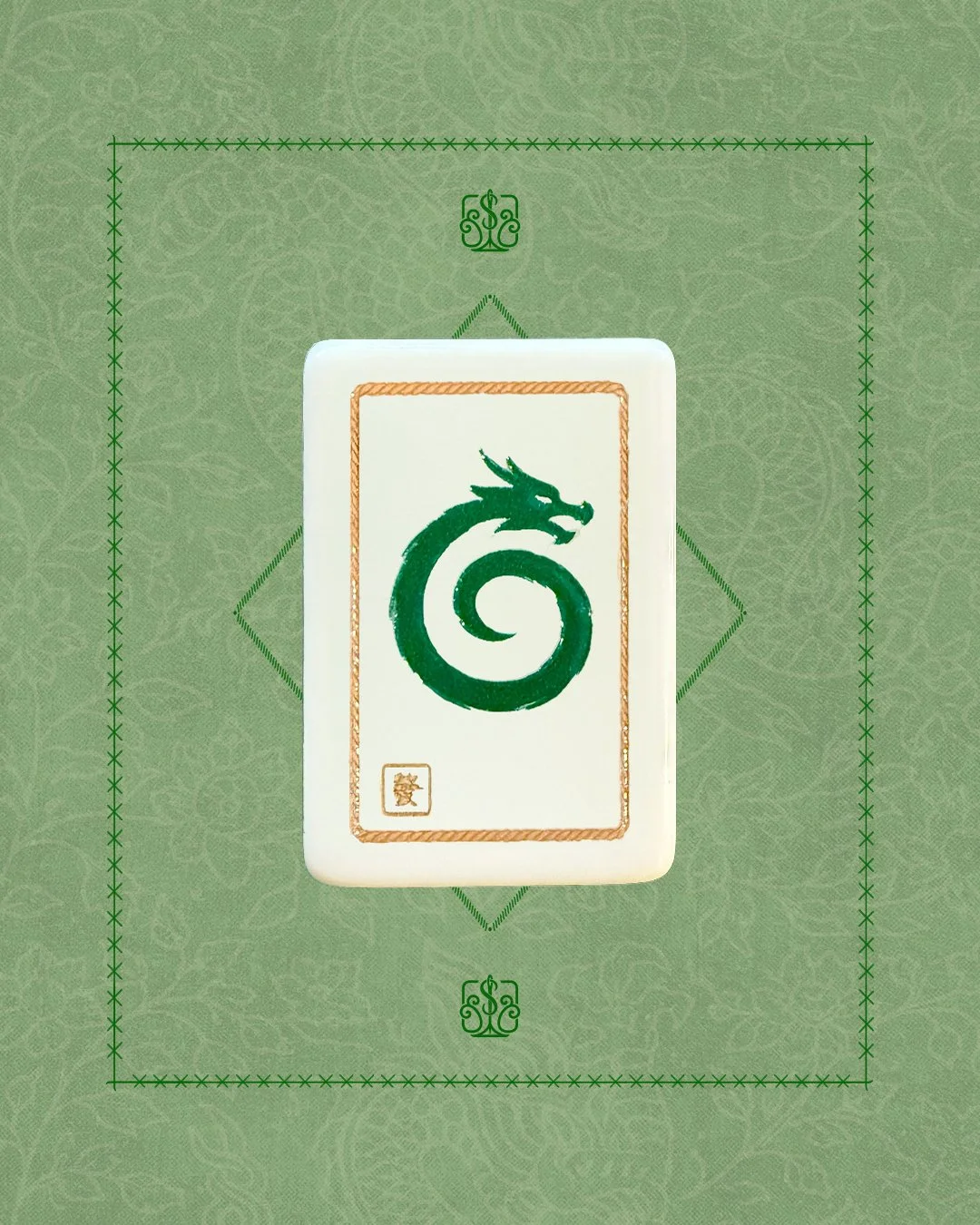 Green dragon mahjong tile with threadlike design and Chinese character for green dragon in the bottom left corner