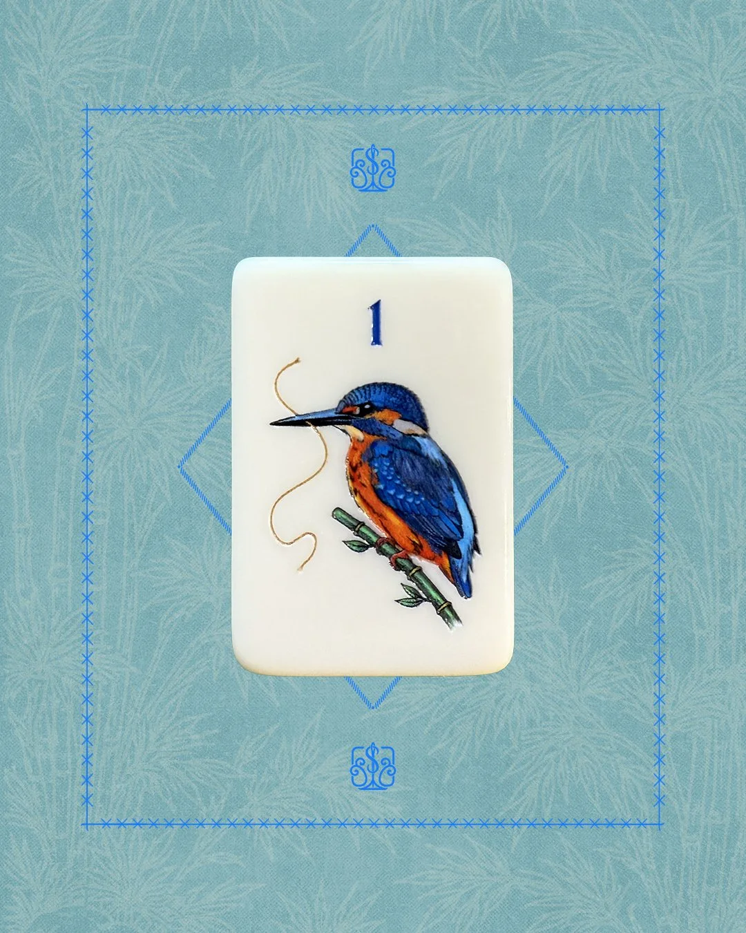 One bam mahjong tile with kingfisher bird sitting on a branch of bamboo.