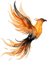 Colorful illustrated bird with orange, brown, and black feathers in flight