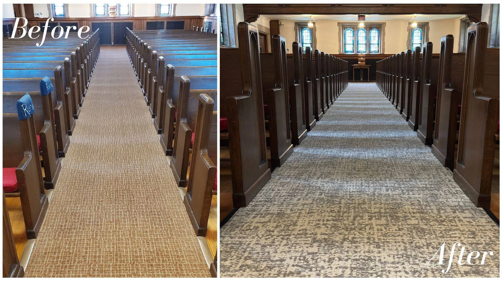 Comparison of church aisle carpets before and after cleaning. Left side shows a beige carpet with a slightly darker pattern, labeled 'Before.' Right side shows a cleaner, lighter patterned carpet, labeled 'After.'