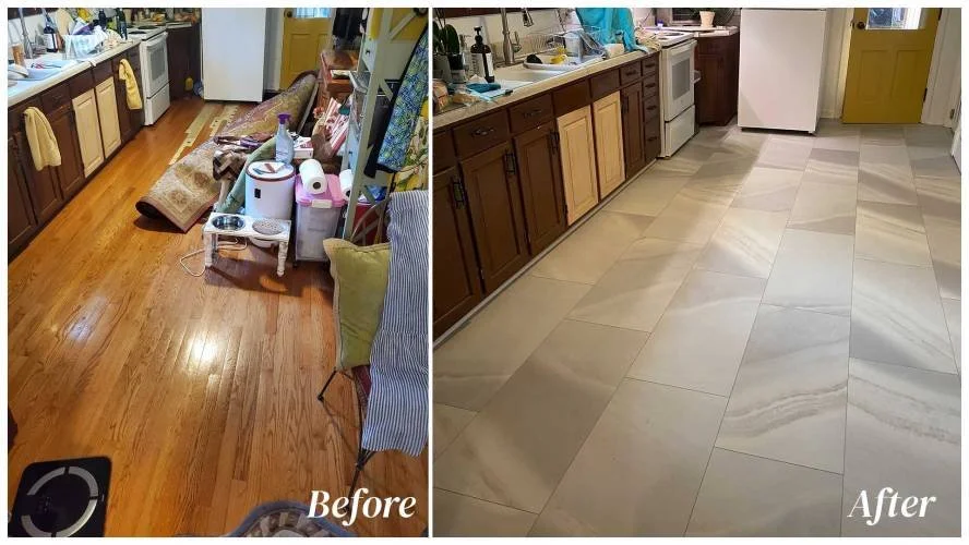 Side-by-side comparison of a kitchen floor before and after cleaning and renovation. The left side shows a cluttered, worn wooden floor with various items scattered, while the right side features a clean, polished tiled floor with new cabinetry.