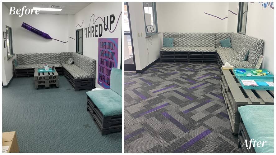 Side-by-side comparison of an office lounge area before and after cleaning and redecoration. The "before" shows a messy, dated room with a purple wall decoration, while the "after" displays a cleaner, modern space with updated carpet and a more organized appearance.