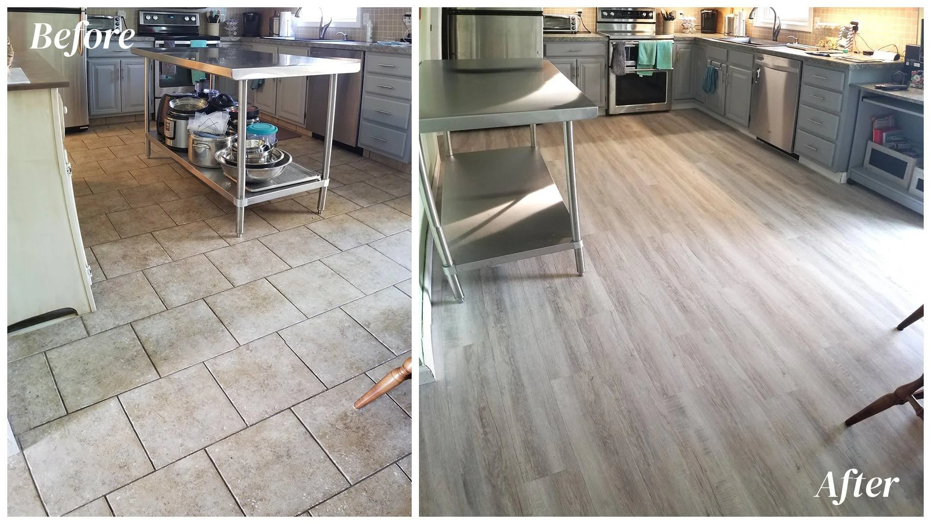 Comparison of kitchen floors before and after renovation showing old beige tile flooring on the left and new light wood laminate flooring on the right.