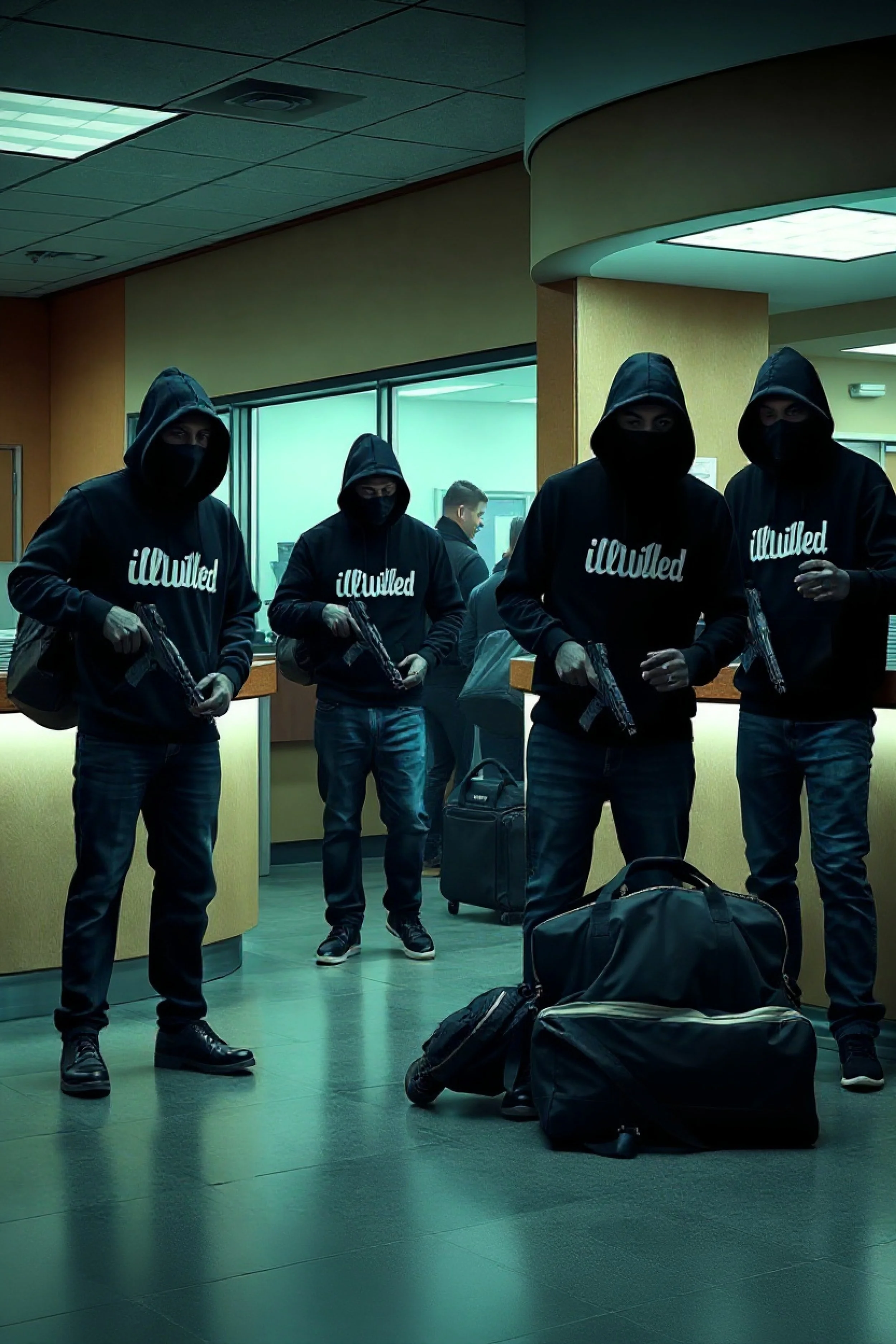Four individuals dressed in black hooded sweatshirts with 'illWillled' printed on them, black masks, and jeans, holding guns, standing in an indoor room with luggage on the floor in front of them. Two officers are visible in the background.
