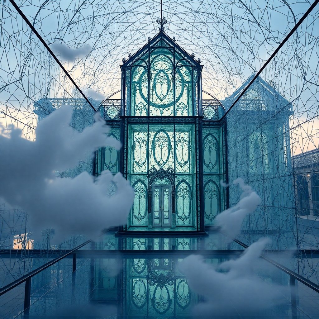 A glass house with intricate stained glass windows, surrounded by a reflective mirrored tunnel with cloud-like sculptures inside.