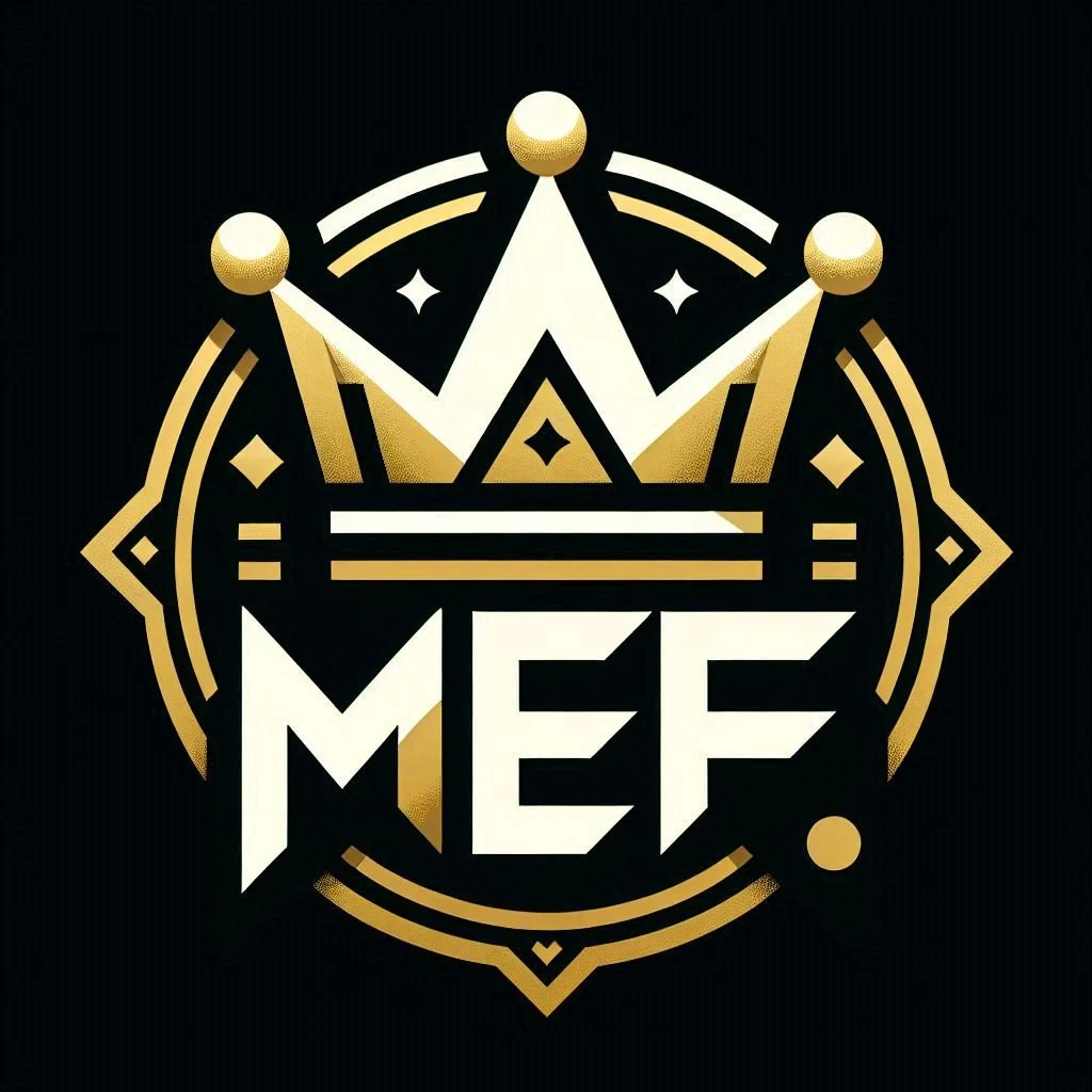 Stylized black and gold emblem featuring a crown above the letters 'MEF' on a black background.