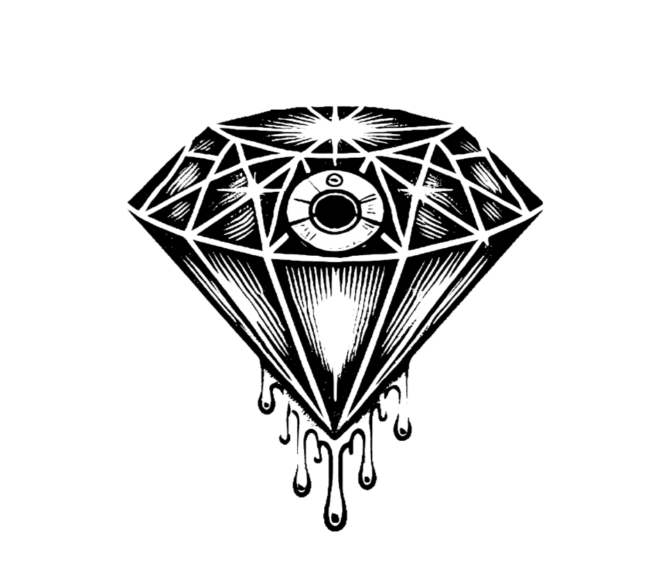 A black and white drawing of a diamond with an eye in the center, surrounded by geometric lines and shapes, with light rays emanating from the top